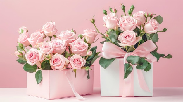 Schöne Blumenstücke, rosa Rosen in Vase und Geschenkbox mit Satinbogen auf pastellrosa Hintergrund, Tisch, Geburtstag, Hochzeit, Mutter, Valentinstag, Frauentag, Vorderseite