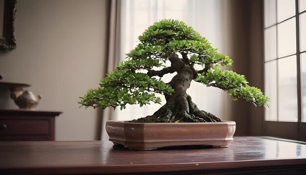 Schöne Bonsai-Pflanze im Topf in einem Zimmer im klassischen Stil