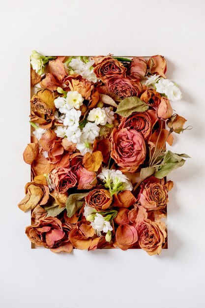 Schöne botanische Komposition mit trockenen Rosen, Blütenblättern und weißen Blumen im weißen Papierrahmen