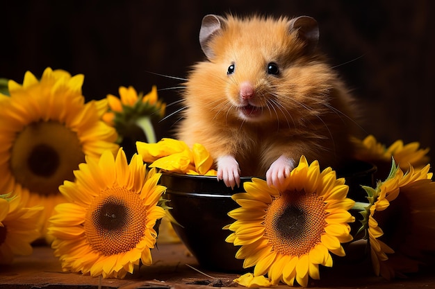 Schöne braune Hamster kommen in die Schüssel auf einem wunderschönen Sonnenblumen-Hintergrund im Frühling