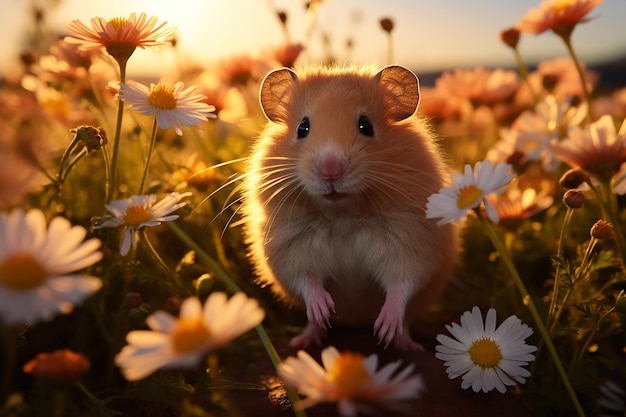 Schöne braune Hamster spielen morgens auf einer blühenden Wiese mit wunderschönen Gänseblümchen