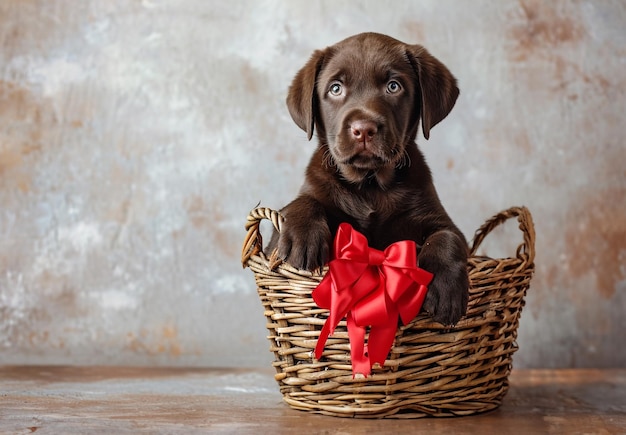 Schöne braune Labradorhündchen mit roter Schleife im Korb und rustikaler Ziegelsteinmauer auf dem Hintergrund