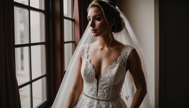 Schöne Braut in weißem Hochzeitskleid posiert als Generative