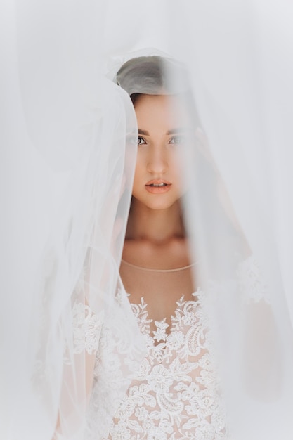 Schöne Braut mit Modehochzeitsfrisur - auf weißem Hintergrund.