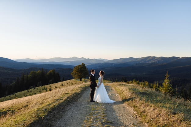 Schöne Braut und Bräutigam an den Bergen