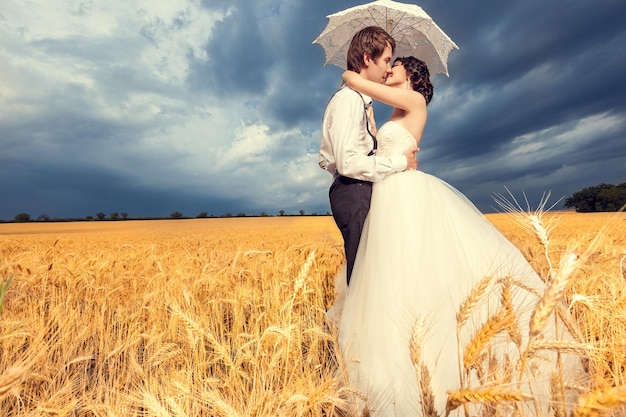 Schöne Braut und Bräutigam auf dem Weizengebiet mit blauem Himmel im Hintergrund. Hochzeitsfotografie