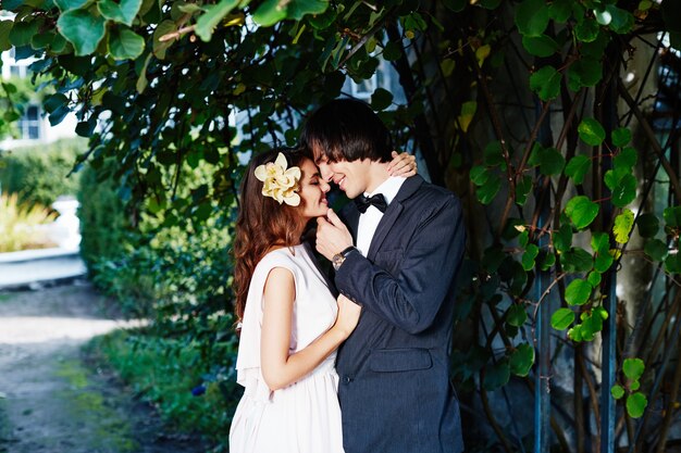 Schöne Braut und Bräutigam, die nahe beieinander am Park, Hochzeitsfoto, schönes Paar, Hochzeitstag, Liebe stehen.