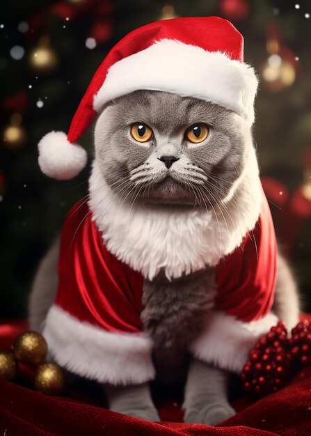 Foto schöne britische kurzhaarkatze als weihnachtsmann verkleidet