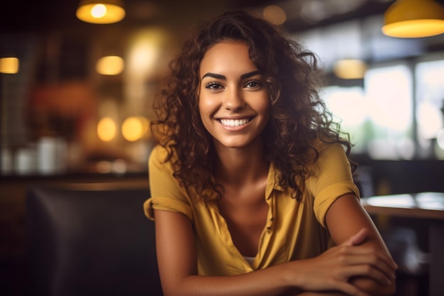 Schöne brünette Frau lächelt in einer Bar. Generative KI