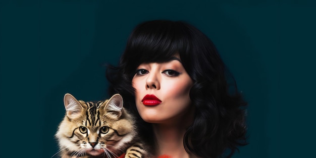 Schöne brünette Frau mit Katze auf dunklem Hintergrund, Studioaufnahme