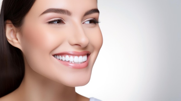 schöne brünette Modelfrau, die mit perfekt sauberen Zähnen lächelt stockbild zahnmedizinischer Hintergrund