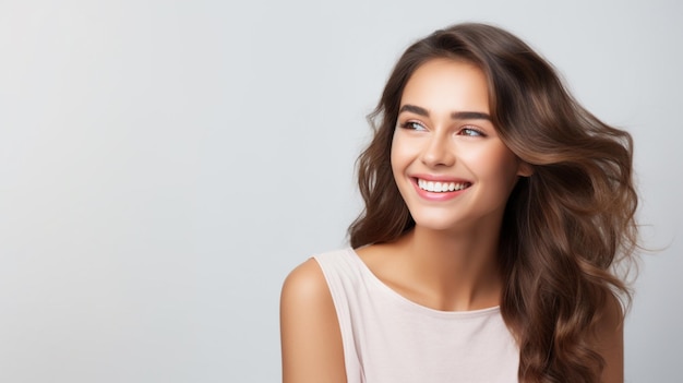 schöne brünette Modelfrau, die mit perfekt sauberen Zähnen lächelt stockbild zahnmedizinischer Hintergrund