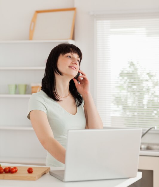 Schöne Brunettefrau am Telefon bei der Entspannung mit ihrem Laptop