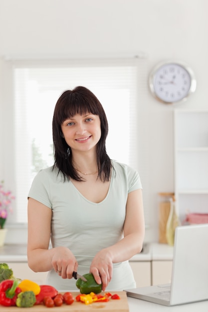 Schöne Brunettefrau, die bei der Entspannung mit ihrem Laptop kocht