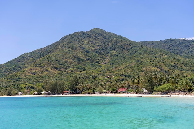 Schöne Bucht mit Kokospalmen und Booten Tropischer Sandstrand und Meerwasser auf der Insel Koh Phangan Thailand