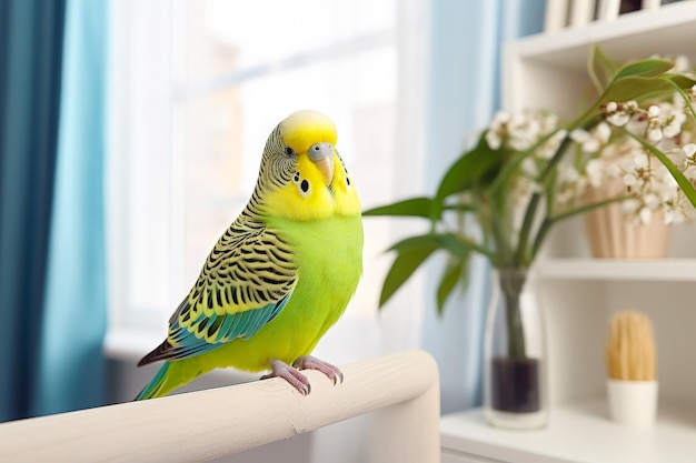 Schöne Budgerigar auf der Fensterbank im Innenraum Haustier Papagei