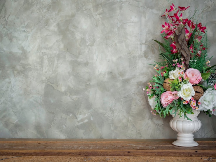 Foto schöne bunte blumenstraußblumen in der weißen vintage-vasendekoration auf holztisch auf betonwandhintergrund im loft-stil, mit kopienraum.