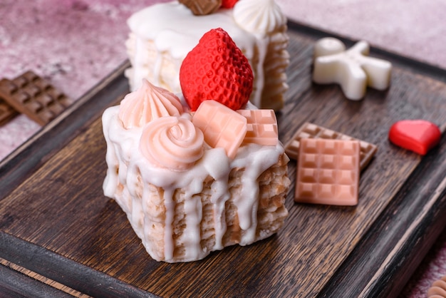 Schöne bunte helle Seife in Form eines appetitlichen Kuchens. Aromatherapie, Seife mit dem Geruch von Kräutern