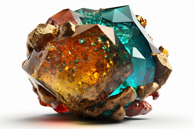 Schöne bunte Kristalle isoliert auf weißem Hintergrund Mysteriöse Edelsteine Mineralien Magic Crystal Cluster Detailansicht Generative AI