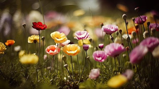 Schöne bunte Landschaft voller Blumen für die Ankunft des Frühlings Generative KI