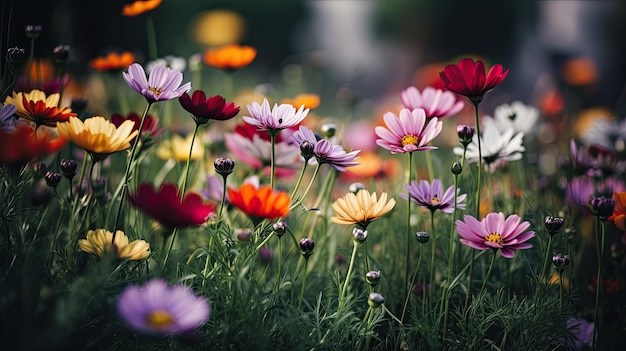 Schöne bunte Landschaft voller Blumen für die Ankunft des Frühlings Generative KI