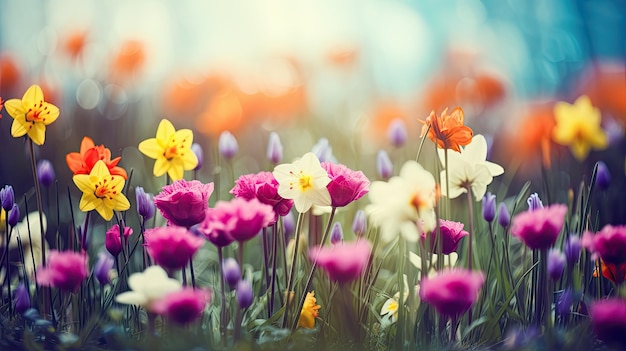 Schöne bunte Landschaft voller Blumen für die Ankunft des Frühlings Generative KI