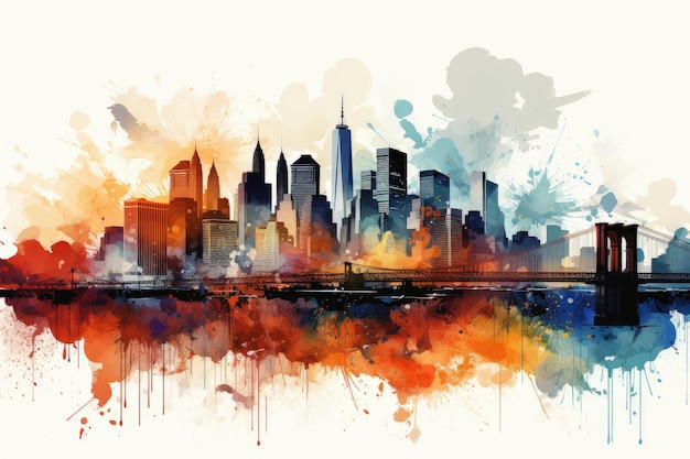 Schöne bunte Nacht New York Brooklyn Bridge Aquarell Stadtlandschaft Generative KI