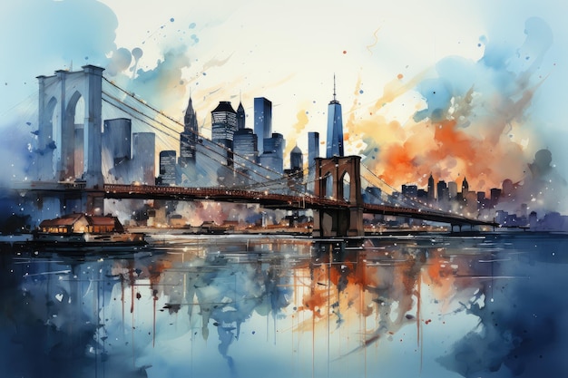 Schöne bunte Nacht New York Brooklyn Bridge Aquarell Stadtlandschaft Generative KI