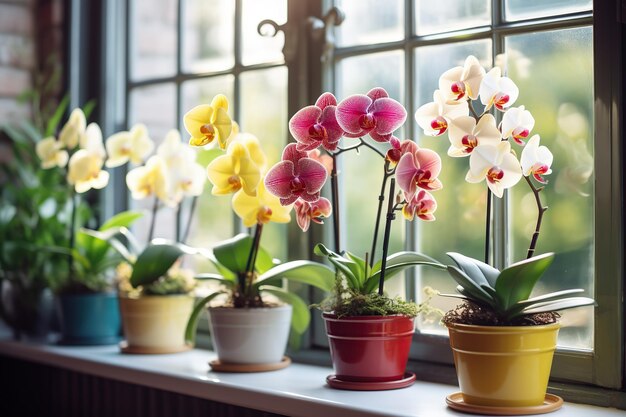 Foto schöne bunte orchideenblume in töpfen am fensterbrett