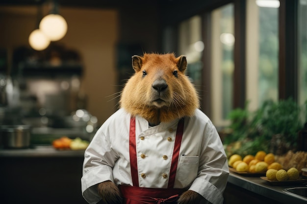 Foto schöne capybara-figur in einem kochkostüm in einer schönen modischen küche lustige illustration