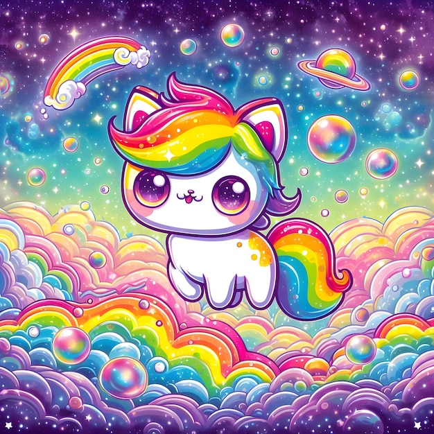 Foto schöne cartoon-einhorn sitzt auf einem regenbogen am nachthimmel