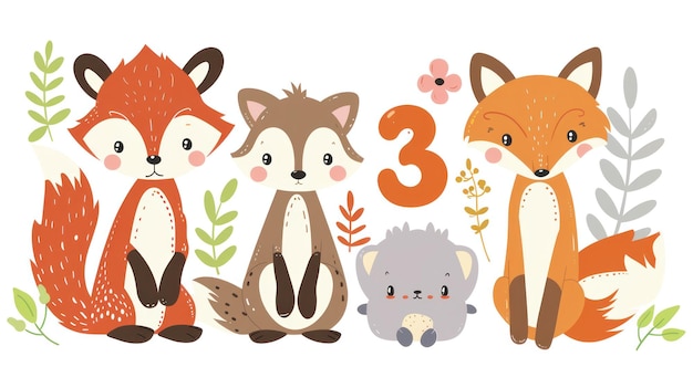 Schöne Cartoon-Füchse, ein kleiner Bär und die Nummer 3 mit Blättern und Blumen, perfekt für Kinder.