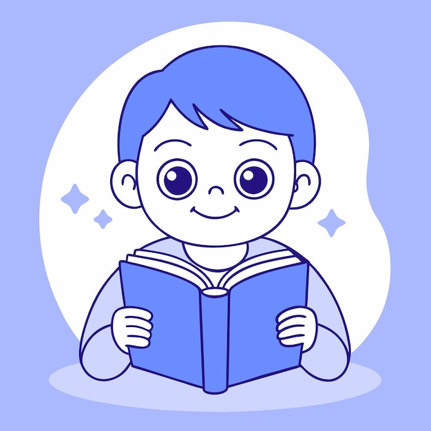 Schöne Cartoon-Illustrationen mit Kindern, die Bücher lesen, mit glücklichen Äußerungen blau