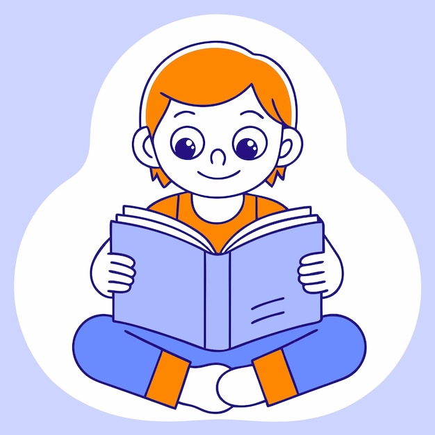 Schöne Cartoon-Illustrationen mit Kindern, die Bücher lesen, mit glücklichen Äußerungen blau