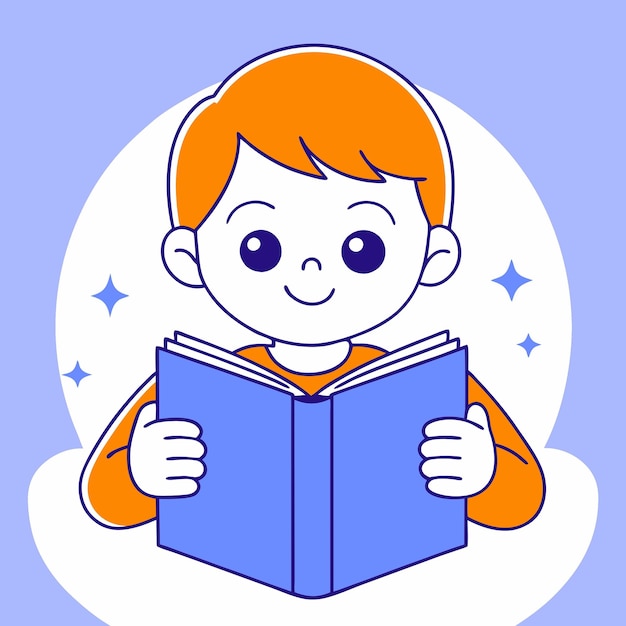 Schöne Cartoon-Illustrationen mit Kindern, die Bücher lesen, mit glücklichen Äußerungen blau