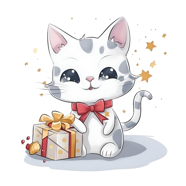 Schöne Cartoon-Katze mit Geschenkkiste auf weißem Hintergrund Vektorillustration