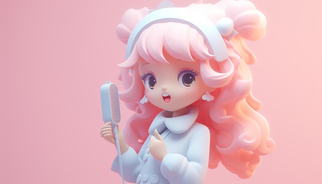 Schöne Cartoon-Mädchen-Animation mit Mikrofon singt ein Lied Pink-Pastel-Hintergrund-Illustration 3D