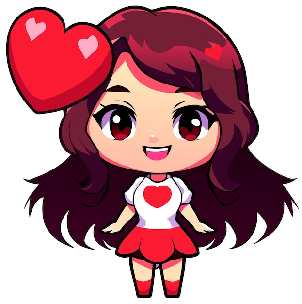 Schöne Cartoon-Mädchen mit Herz-Aufkleber in Kawaii Chibi-Stil Illustration