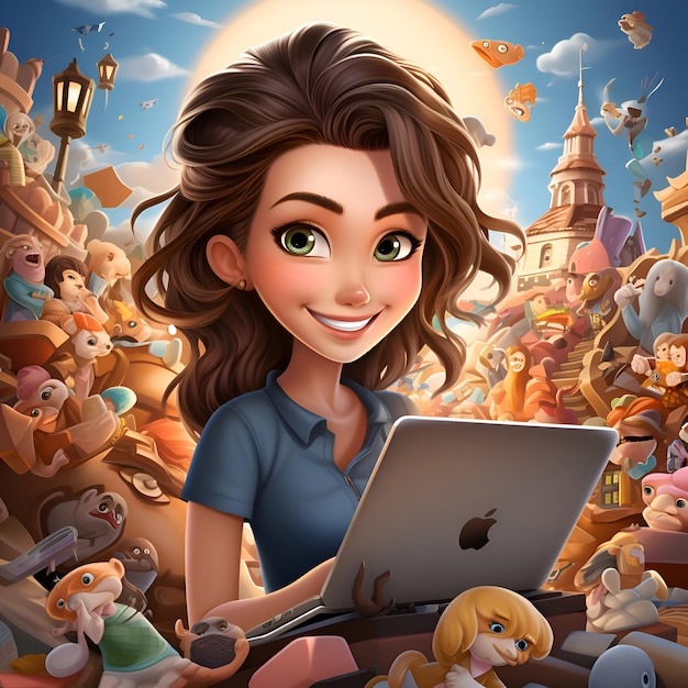 Foto schöne cartoon-mädchen mit laptop mitten in der fantasy-stadt