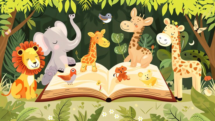Foto schöne cartoon-tieren versammelt sich um ein offenes buch im dschungel