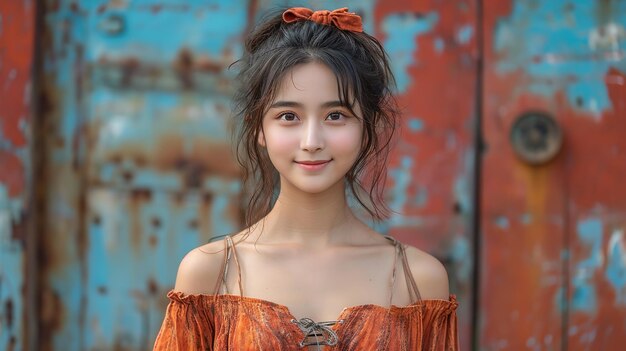 Schöne chinesische Teenager mit einem freudigen Gesichtsausdruck und gekleidet in einem orangefarbenen Western Generative Ai