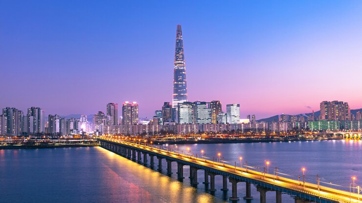 Foto schöne dämmerung von seoul city bei sonnenuntergang und han river südkorea