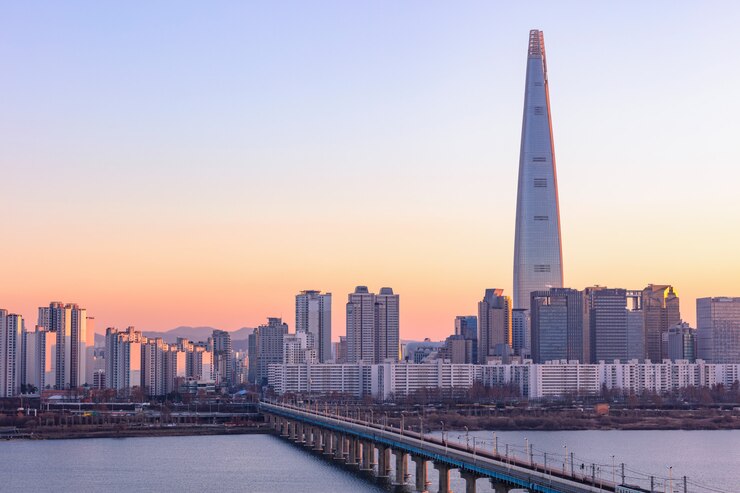 Foto schöne dämmerung von seoul city bei sonnenuntergang und han river südkorea