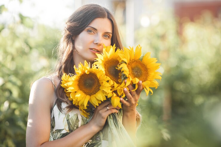 Schöne Dame, die Sonnenblume hält. Blumenstrauß im Sommer.
