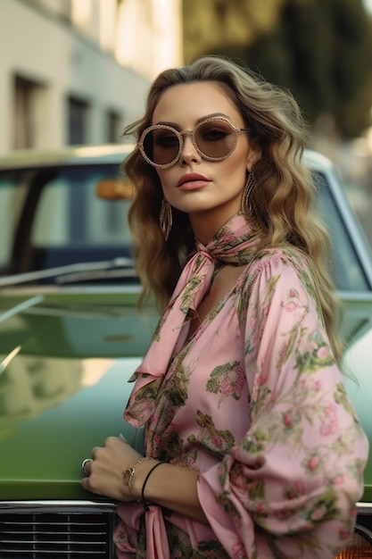 Schöne Dame mit Sonnenbrille, die eine rosa und grüne geblümte Seidenbluse mit einem Seidenschal trägt, die in der Nähe eines Oldtimers auf der Straße der 70er Jahre in Hollywood Generative AI steht