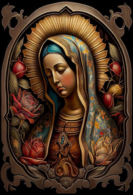 Schöne dame von guadalupe mexiko heiligen heiligen glaube illustration vintage siebdruck stil poster