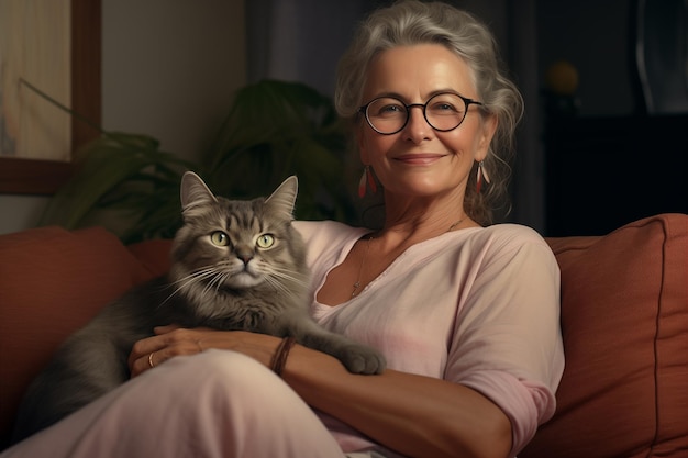 Schöne deutsche Frau mittleren Alters mit Brille sitzt zu Hause mit einer Katze auf dem Sofa