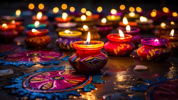 Schöne Diwali-Bodendekoration mit Diya und Rangoli Diwali-Feier mit Lichtern