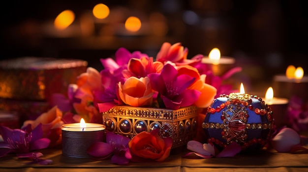 Schöne Diwali-Diyas mit Geschenk und Blumen Happy