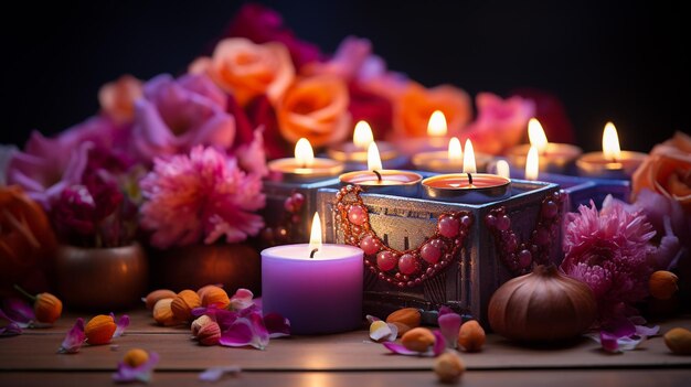 Schöne Diwali-Diyas mit Geschenken und Blumen Fröhliches Diwali